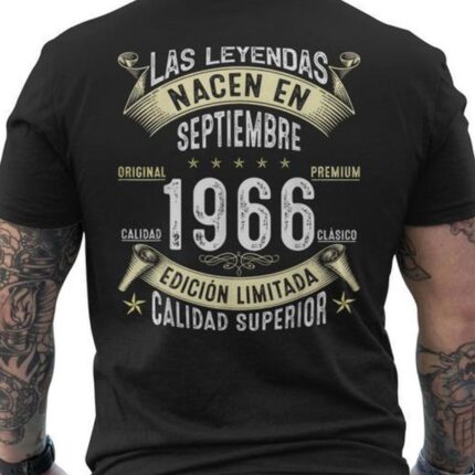 Tricou Vintage pentru Bărbați - Aniversarea din 1966, Legende Se Nasc în Septembrie (Text Spaniol pe Verso) Ediție Limitată Retro Design, 100% Cotton Grosier cu Decoraționare Crew Neck. Ideală ca Ținut de Petrecere sau Casual Zilnic. 1960 Cadoul Perfect Pentru Barbati Text Spaniesc și Grafica '1966' Confortabil și Respirant Lavabila la Mașina Perfec